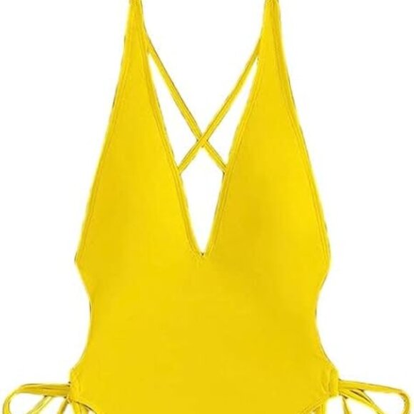 SUNSHINE YELLOW STRAPPY BACK HIGH-CUT CHEEKY ONE PIECE SWIMSUIT SIZE LARGE NWOT - Picture 7 of 13